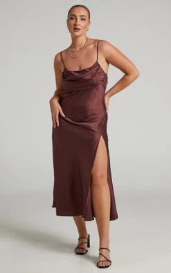 Showpo Yasari Cowl Neck Midi Dress In Chocolate