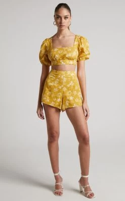 Showpo Zilda Open Back Puff Sleeve Crop Top And High Waist Shorts Two Piece Set In Yellow
