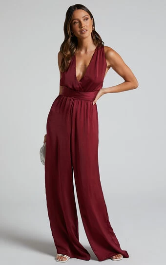 Showpo Zarina Plunge Neck Twist Back Jumpsuit In Maroon