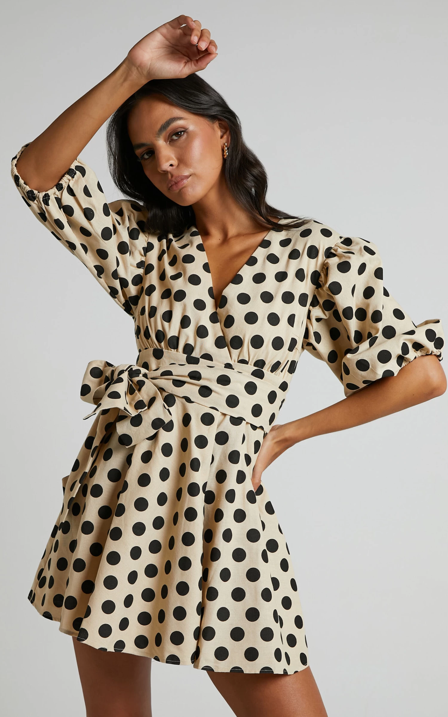 Showpo Zyann Puff Sleeve Wrap Mini Dress In Biscuit Spot - Image 5