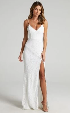 Showpo Always Extra Split Maxi Dress In White Lace